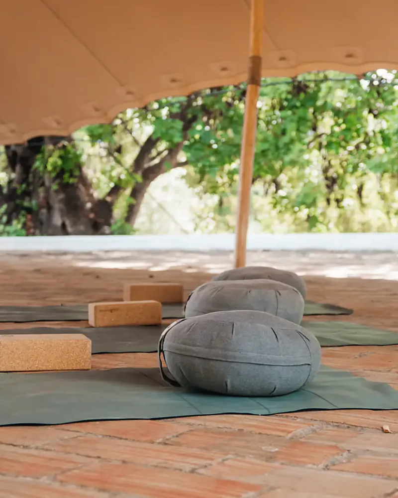 Yoga mats, blocks and meditation cushions under the yoga tent at Shanti-Som Algarve